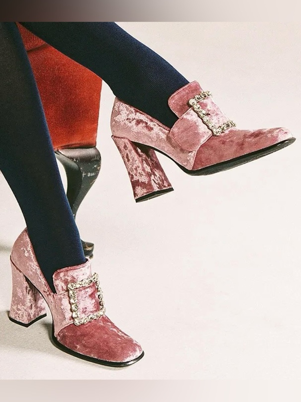 🆕{Jeffery Campbell} Velvet Chunky Rhinestone Buckle Heel Loafers - Picture 2 of 16